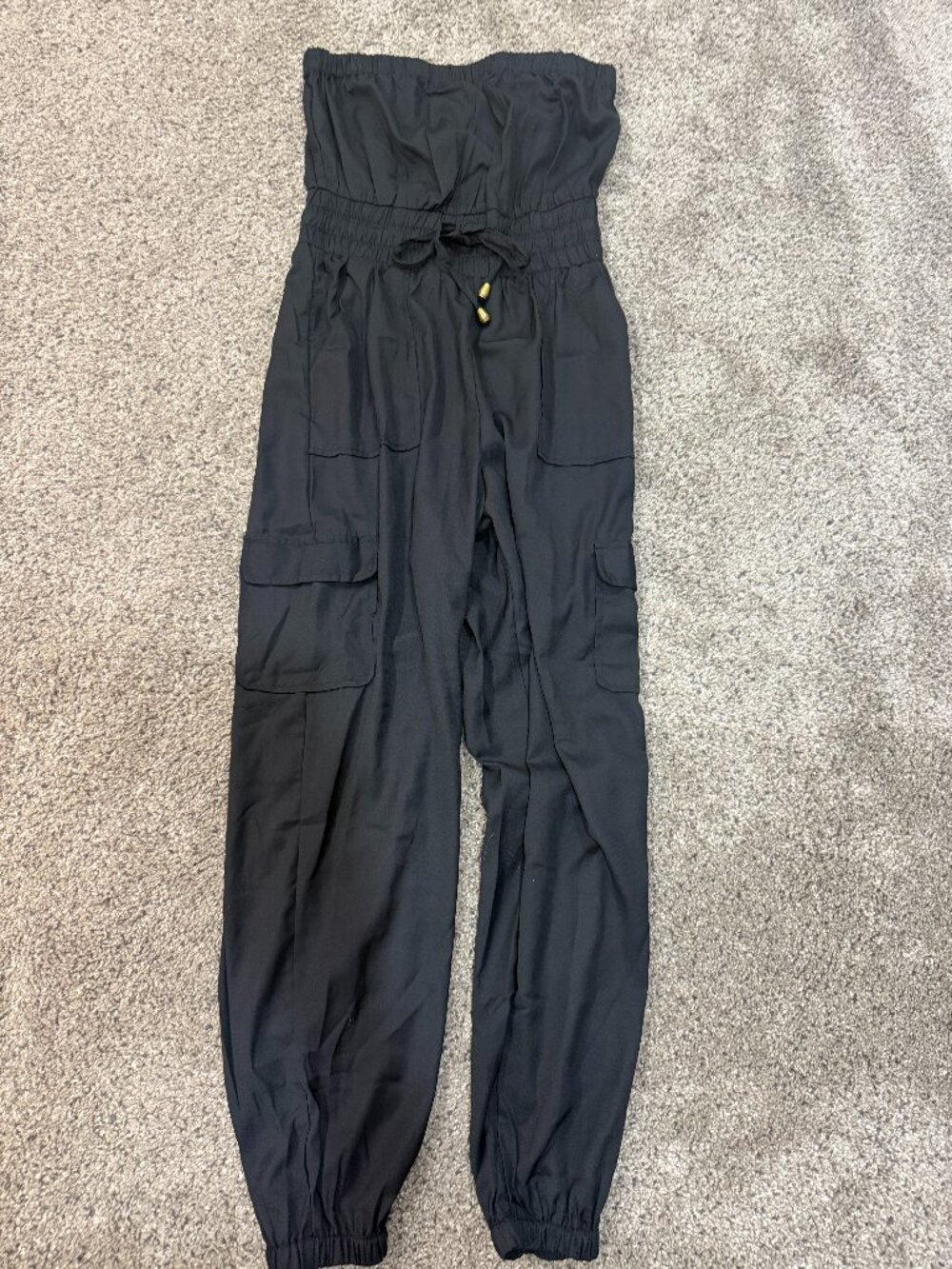 Blush Black Strapless Cargo Jumpsuit – Women’s Small – Drawstring Waist & Pocket